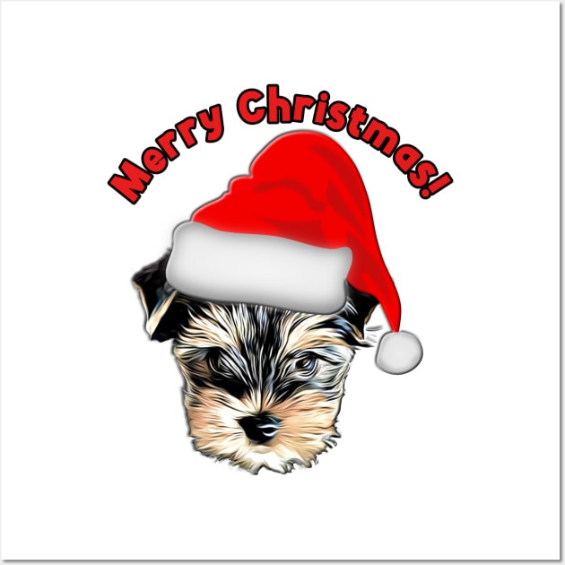 Cute Yorkshire Terrier Yorkie with Santa Hat Wall Art by AdrianaHolmesArt